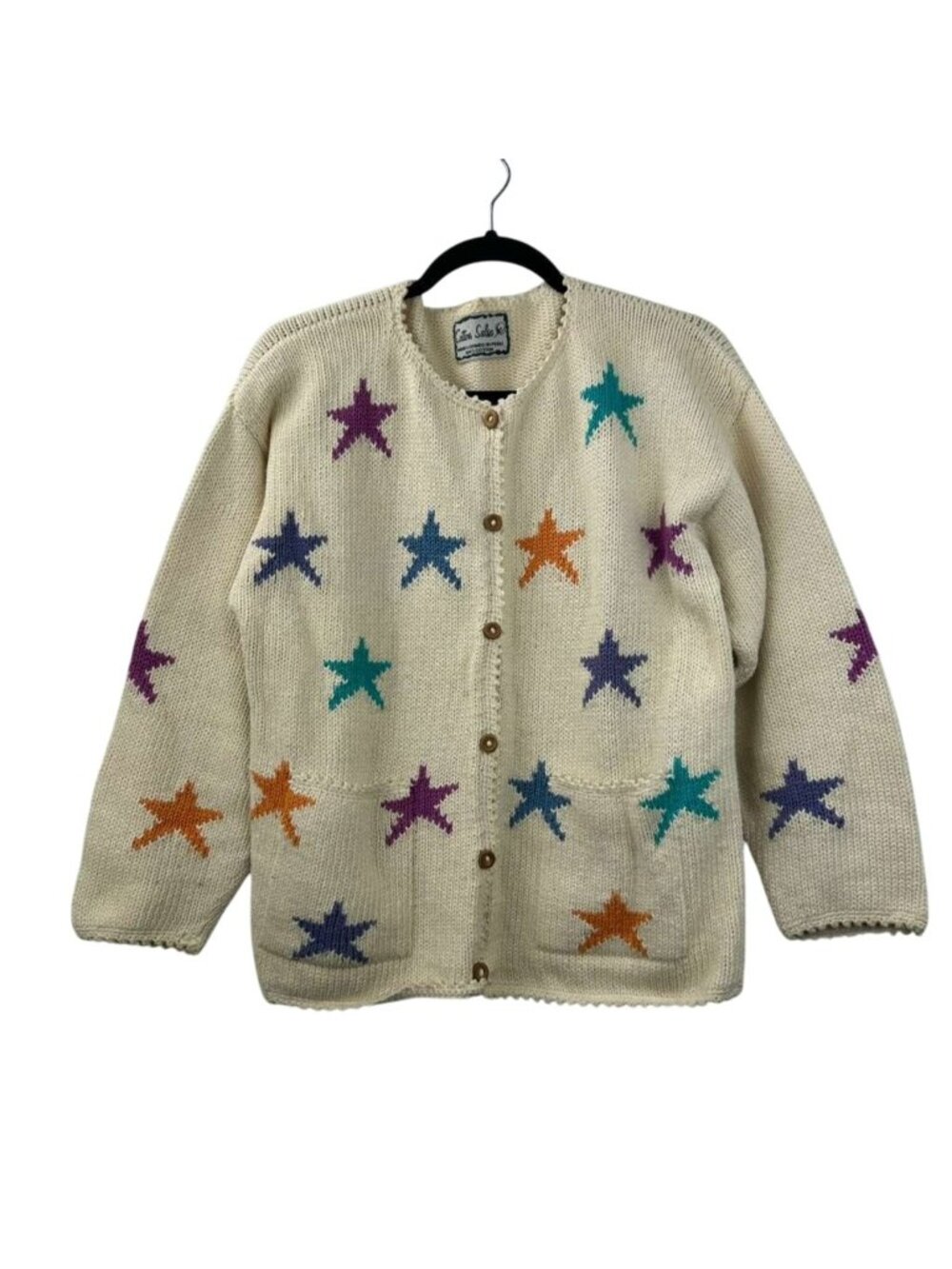 Cotton Salsa Hand Loomed in Peru Cardigan Sweater Women's M Multicolor Star